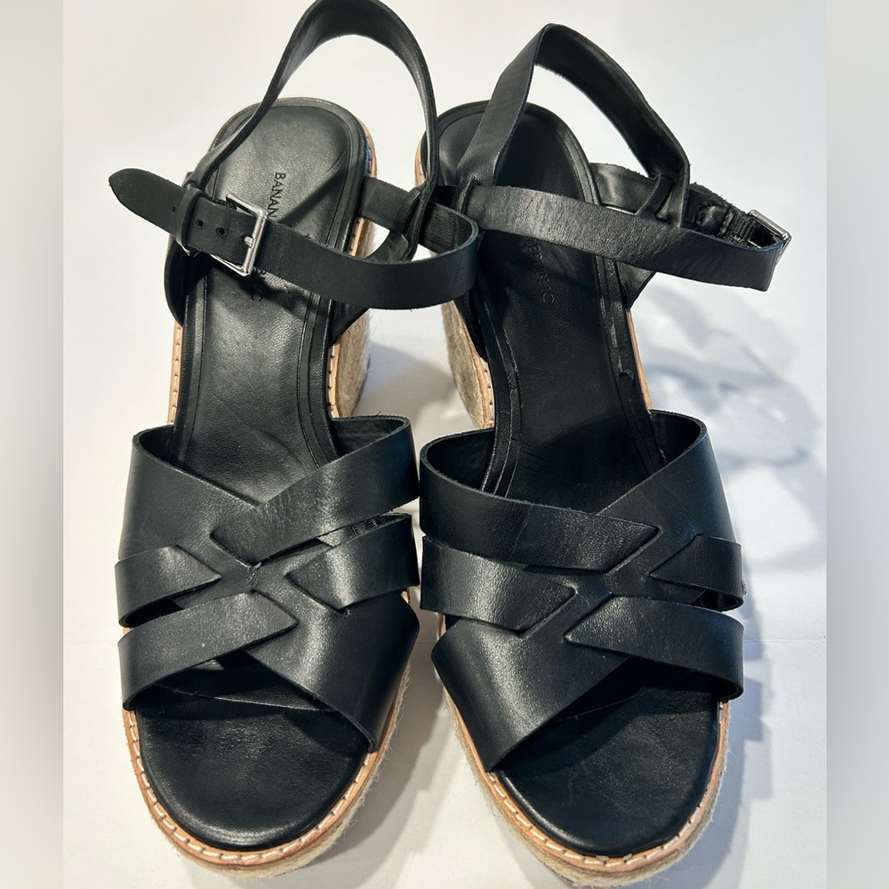 Black Leather Espadrille Wedge Sandals Adjustable Ankle Strap Sz 9.5 Preowned